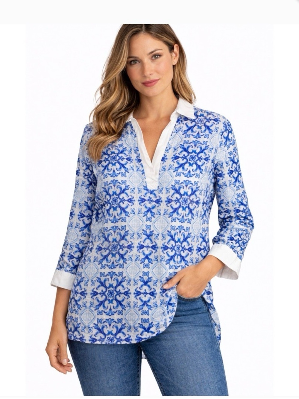 Isaac Mizrahi Blue and White Printed V-Neck Tunic 100% LINEN